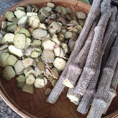Basket with sliced green vegetables and brown sticks on a gray surface