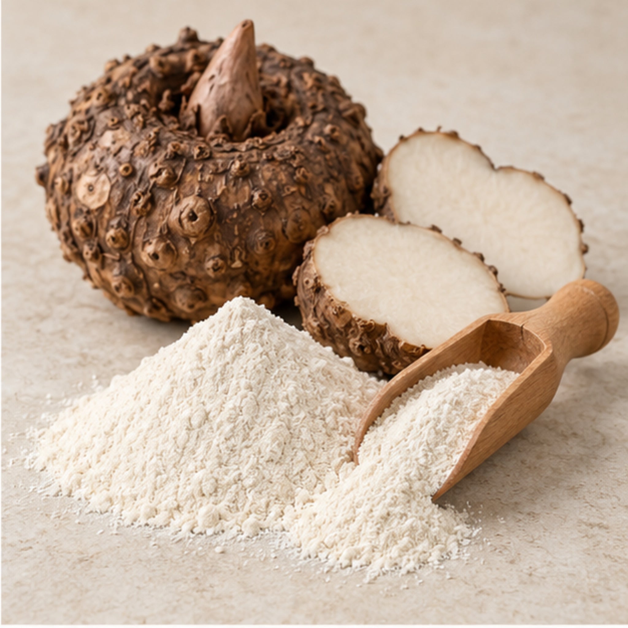 Amorphophallus konjac powder with wooden scoop and botanical material