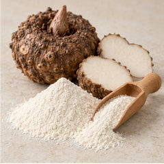 Amorphophallus konjac powder with wooden scoop and botanical material