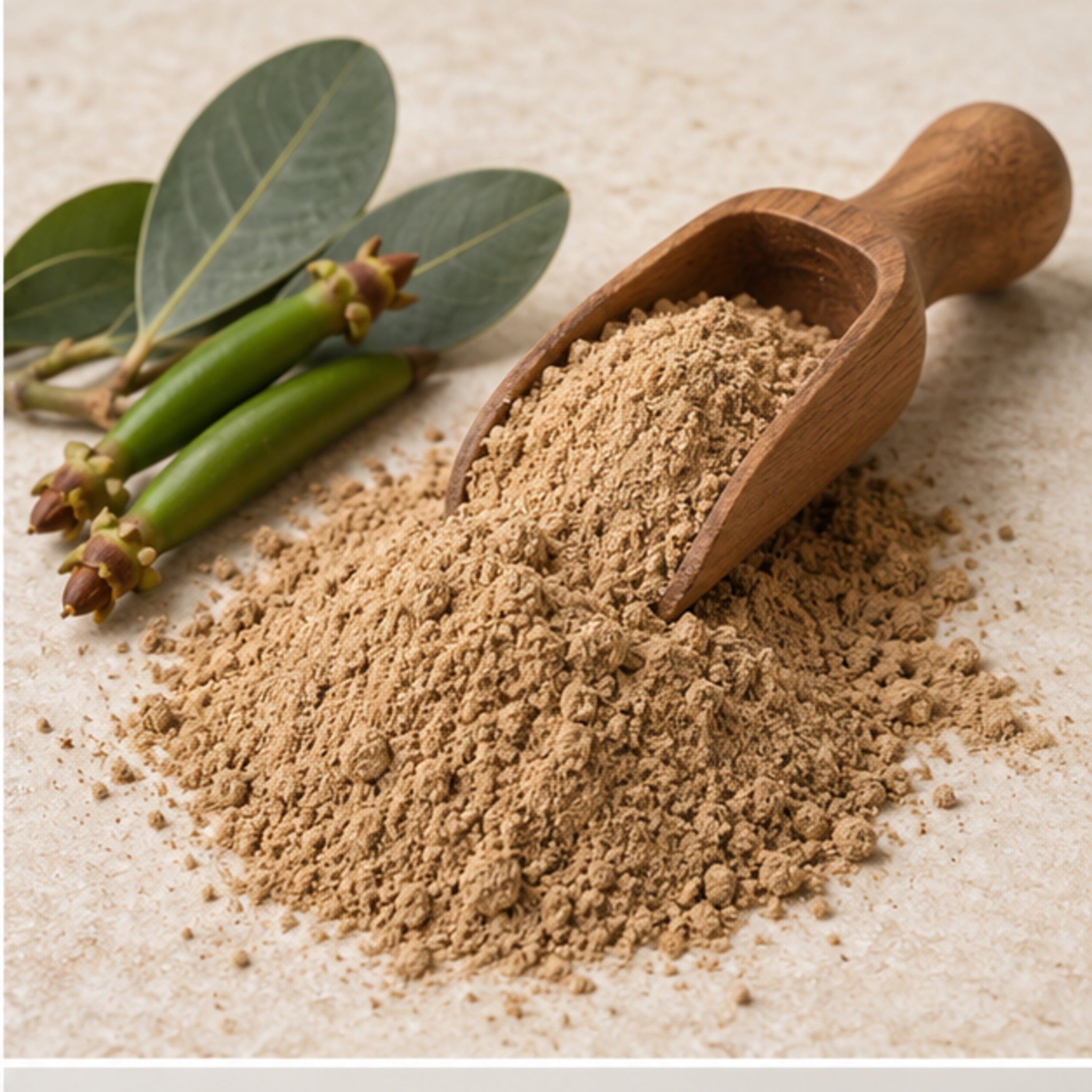 Avicennia marina powder with wooden scoop and botanical material