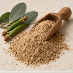 Avicennia marina powder with wooden scoop and botanical material