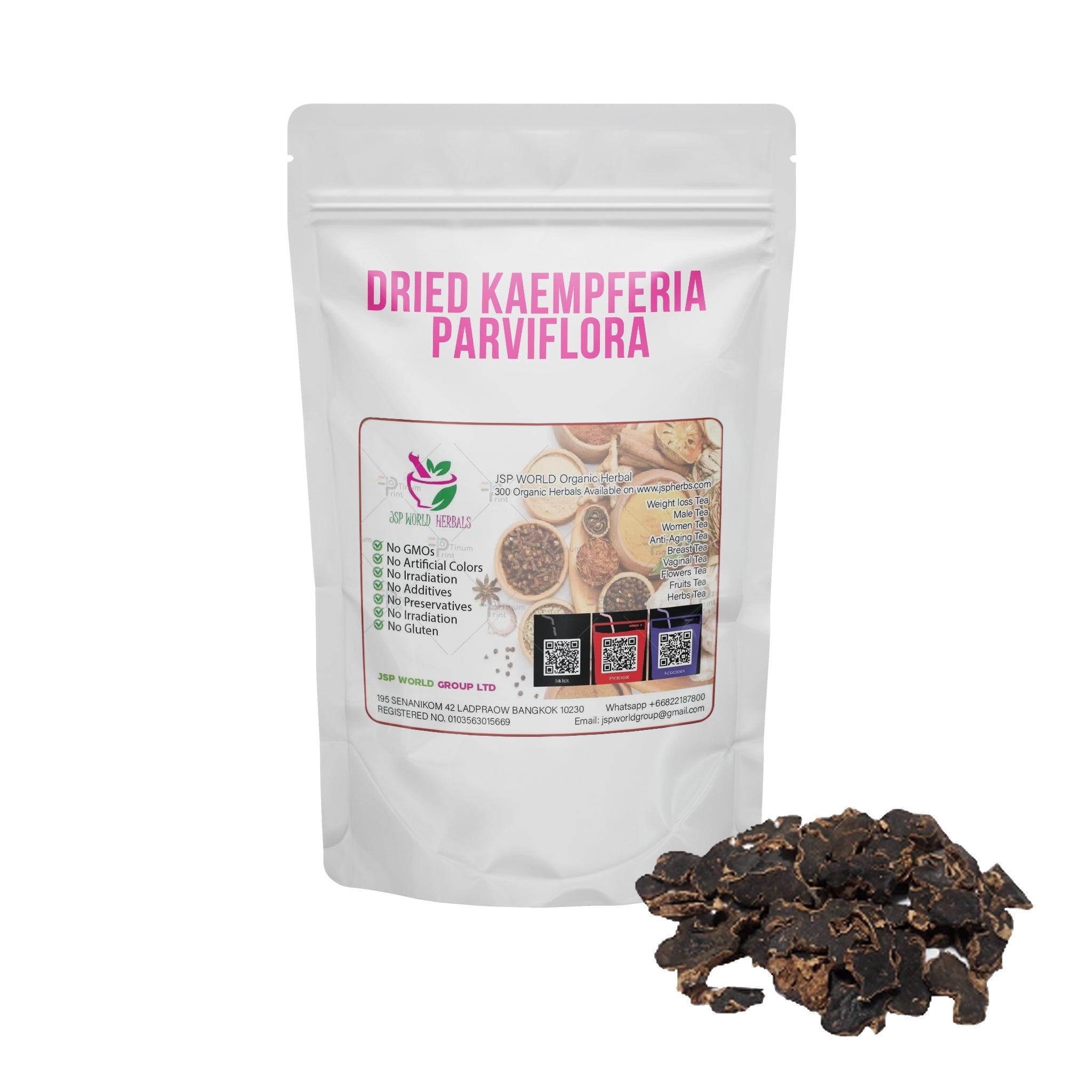 Dried Kaempferia parviflora 100g. Thai Ginseng or Black Ginger packaging