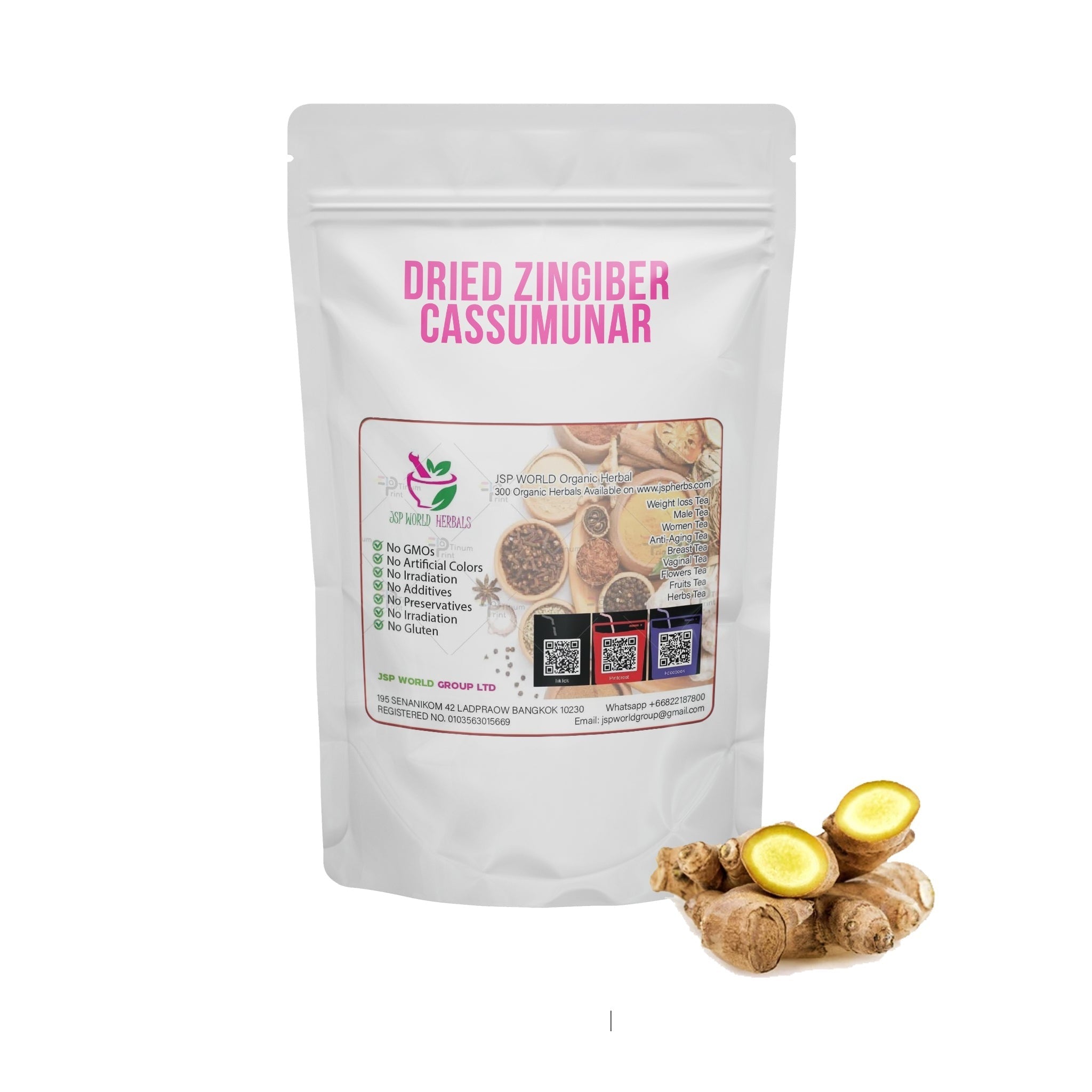 Dried Zingiber Cassumunar 100g. Phlai Bangle or Cassumunar Ginger packaging