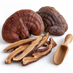 Dried Lingzhi mushroom pieces, studio product image