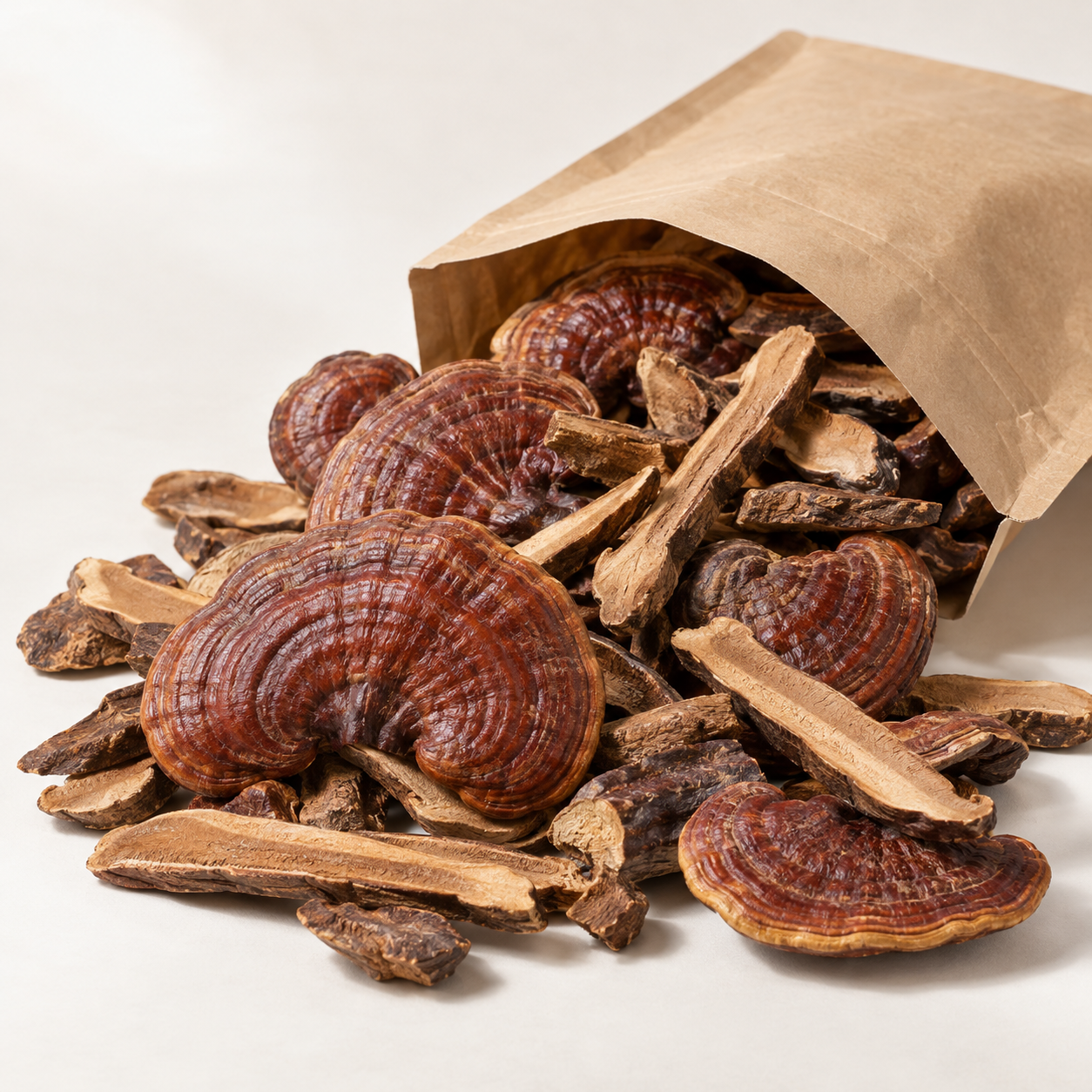 Dried Lingzhi mushroom material with plain kraft pouch, product image