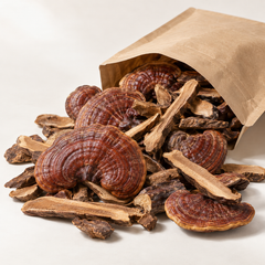 Dried Lingzhi mushroom material with plain kraft pouch, product image