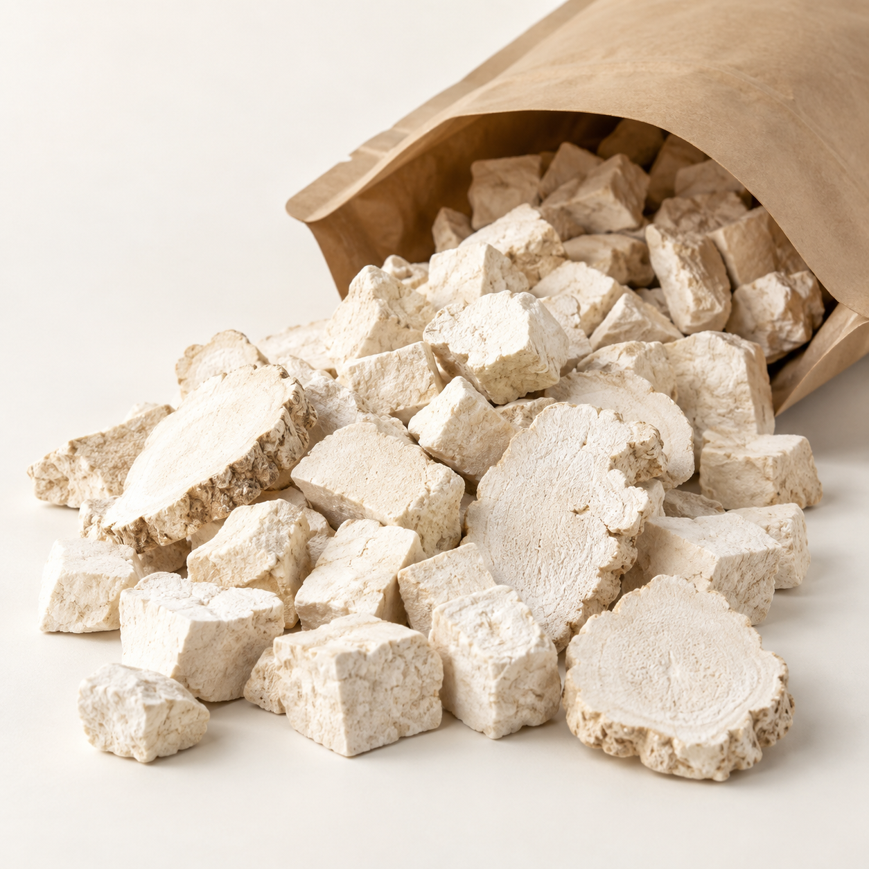 Dried Poria cocos Fuling fungal material with plain kraft pouch, product image