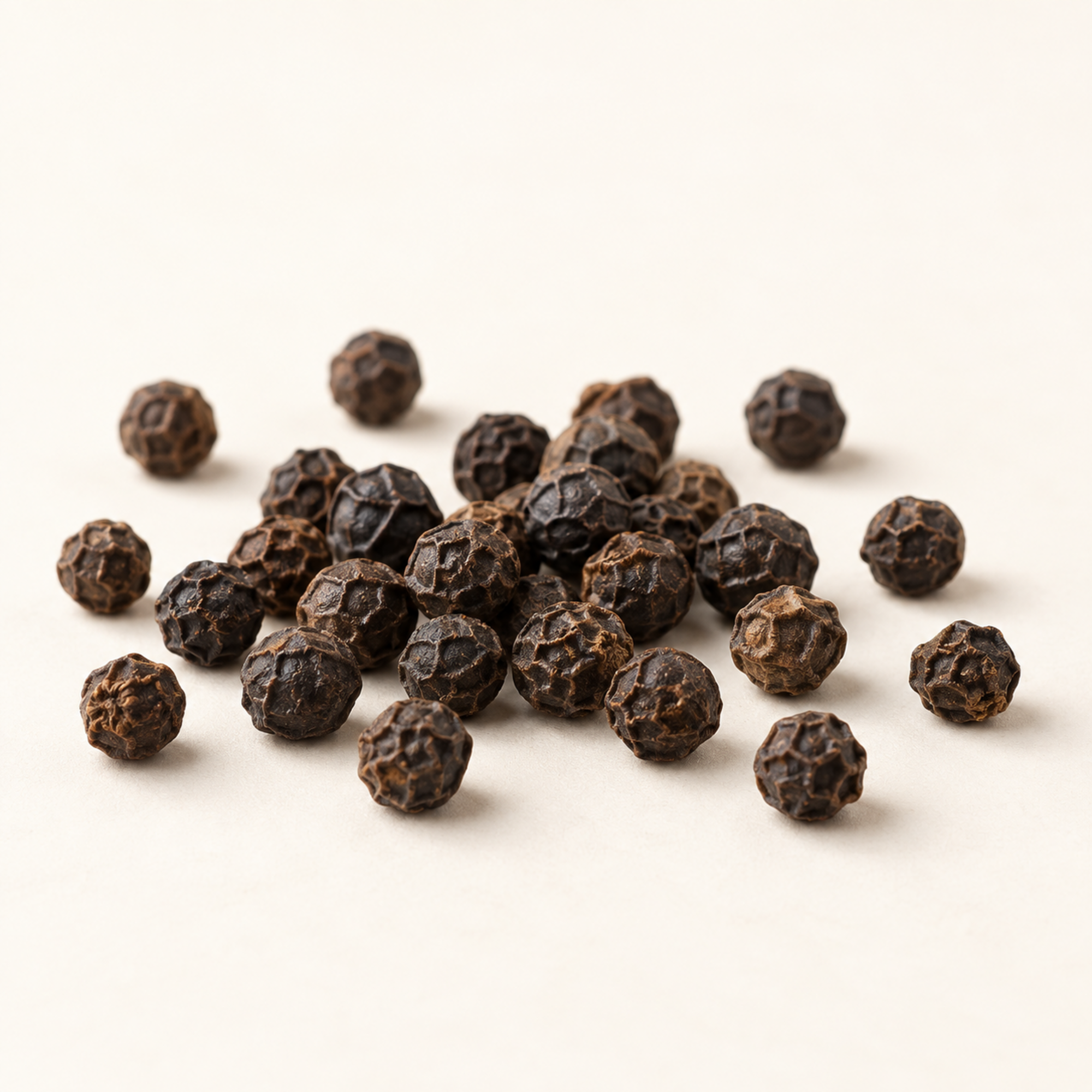 Whole black peppercorns, side-angle product image