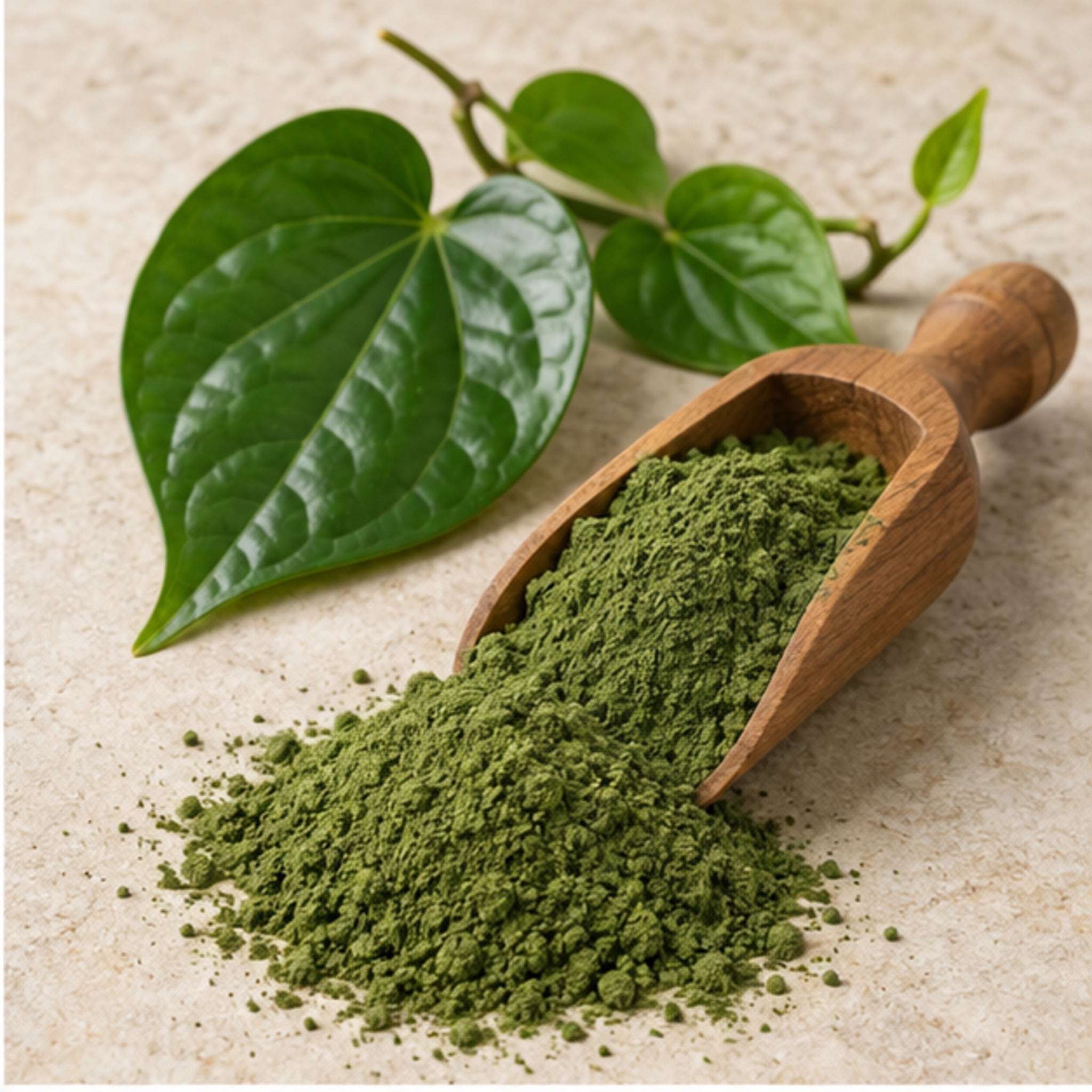 Betel leaf powder with wooden scoop and botanical material