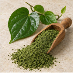 Betel leaf powder with wooden scoop and botanical material