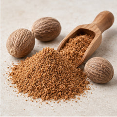 Ground nutmeg powder with wooden scoop and whole nutmegs
