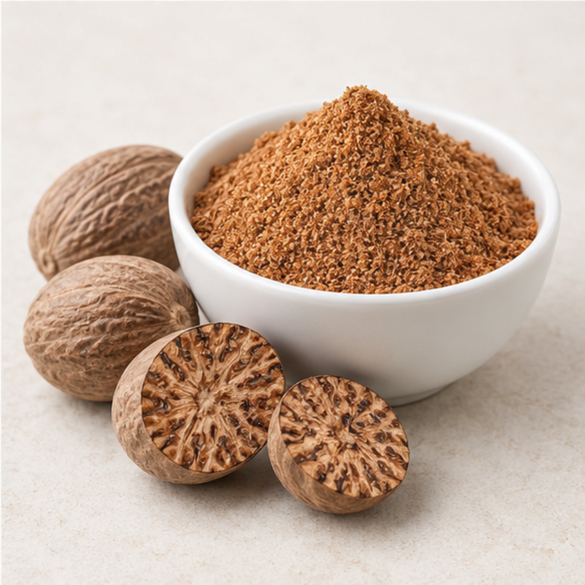 Ground nutmeg powder with whole and halved nutmegs