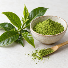Matcha green tea powder with Camellia sinensis leaves