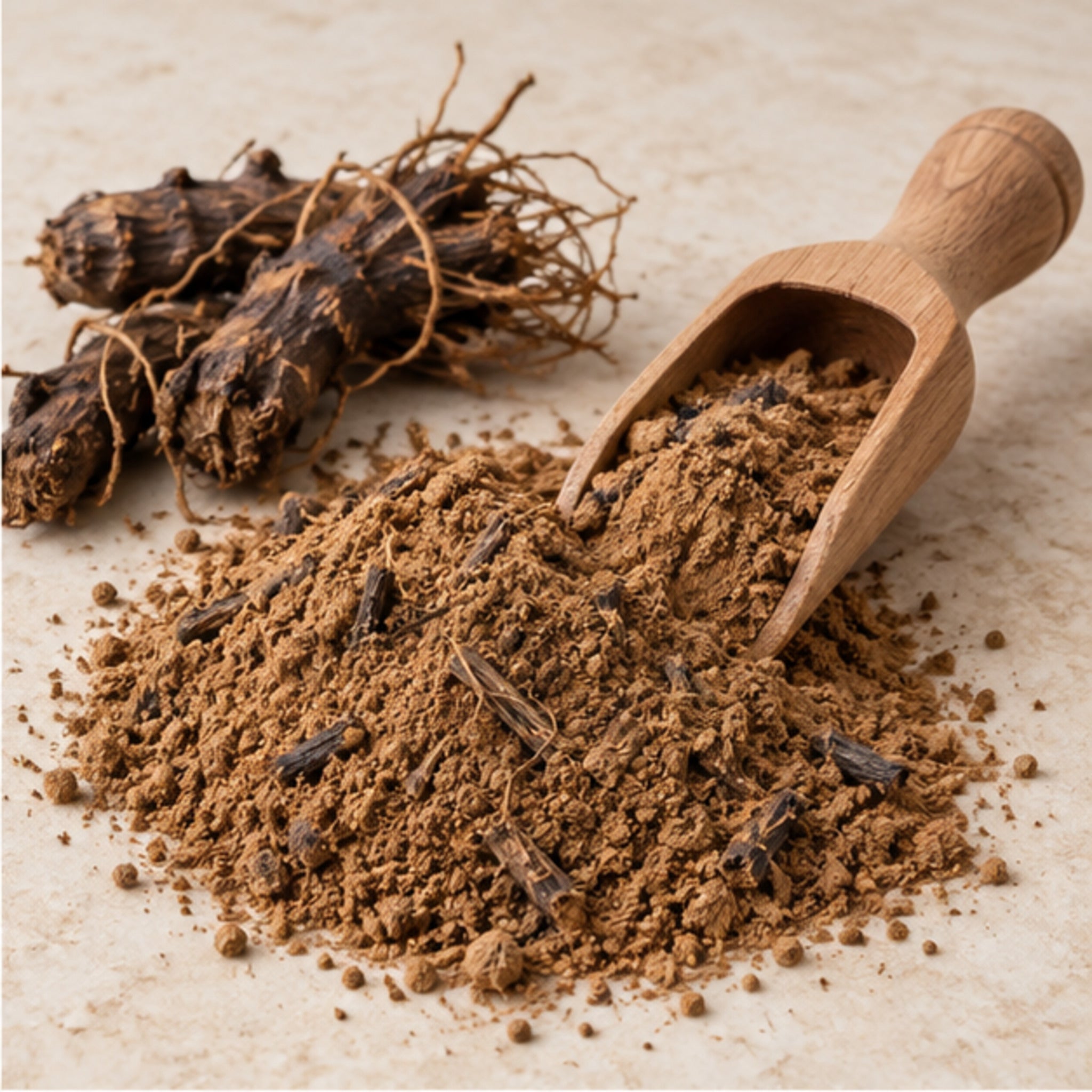 Molineria latifolia powder with wooden scoop and botanical material