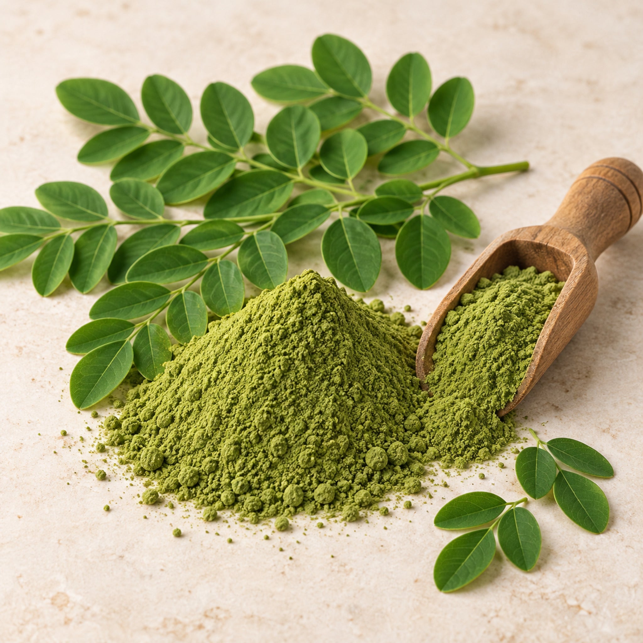 Moringa oleifera leaf powder with wooden scoop and leaves