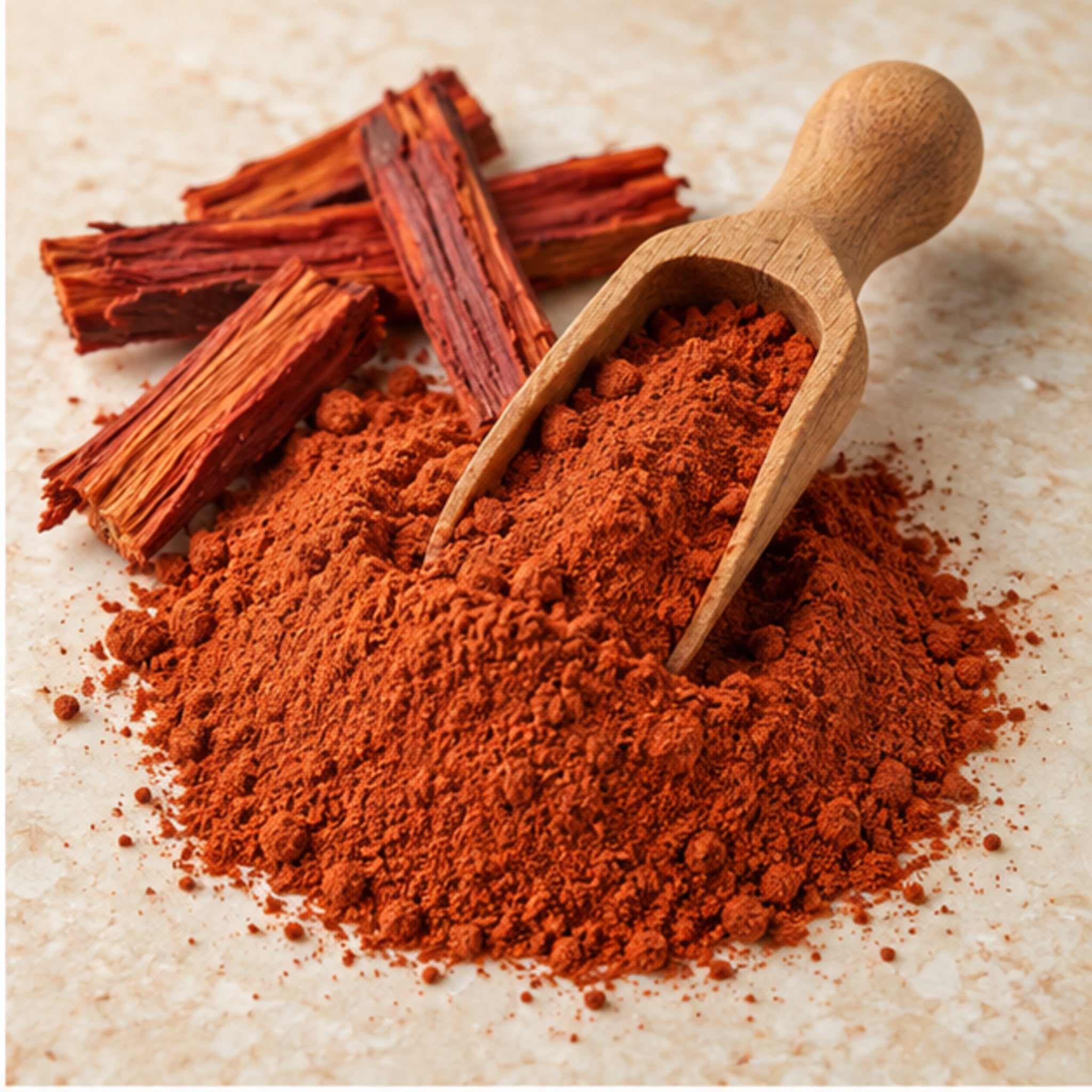 Sappan wood powder with wooden scoop and botanical material