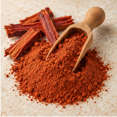 Sappan wood powder with wooden scoop and botanical material