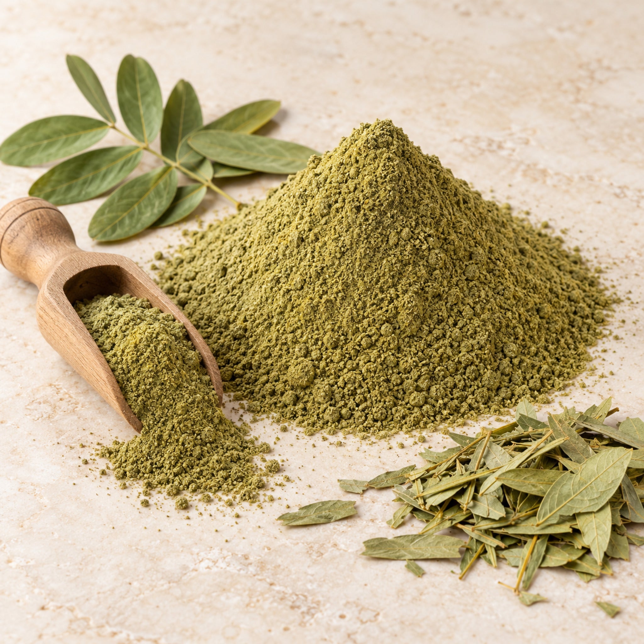 Senna garrettiana leaf powder with wooden scoop
