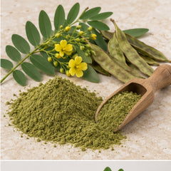 Senna siamea powder with wooden scoop and botanical material