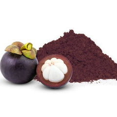 Mangosteen fruit and its powder on a white background