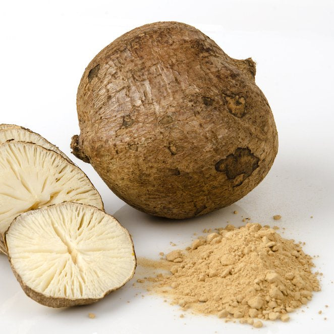 Raw and powdered cassava root on a white background