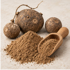 Stephania venosa powder with wooden scoop and botanical material
