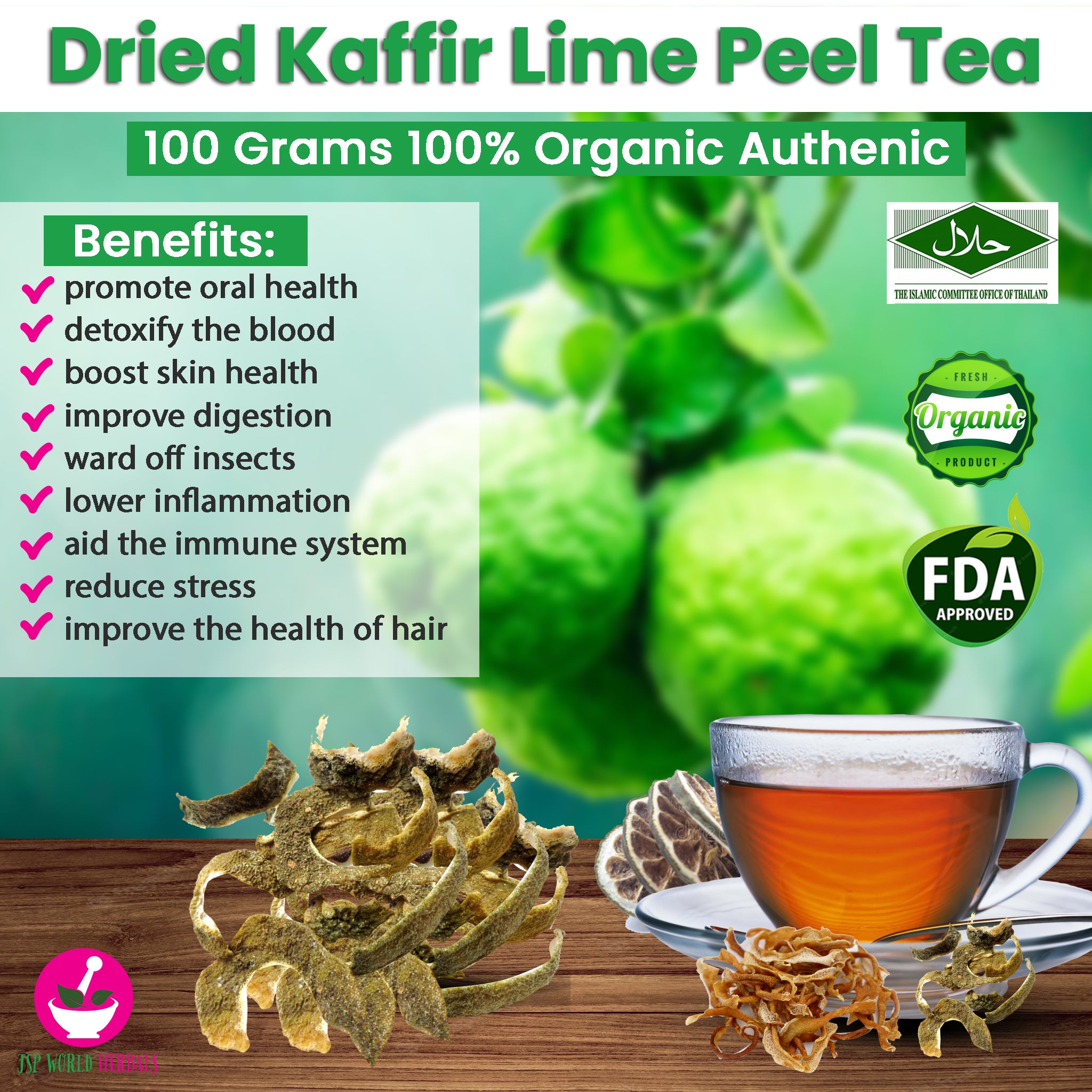 Dried Kaffir Lime Peel Tea 100 Grams 100% Organic Authenic