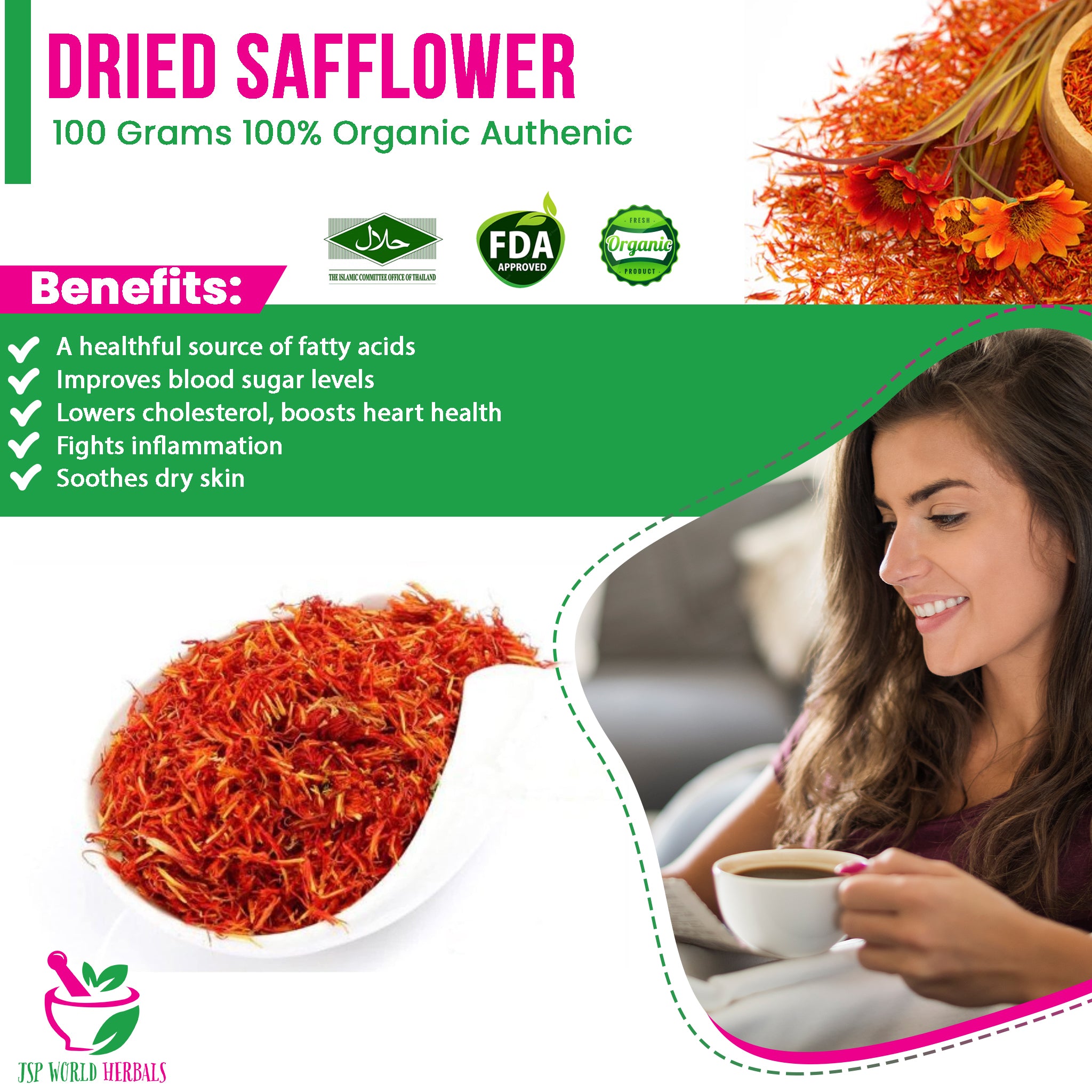 Dried Safflower, widen blood vessels, lower blood pressure, and stimulate the heart. 