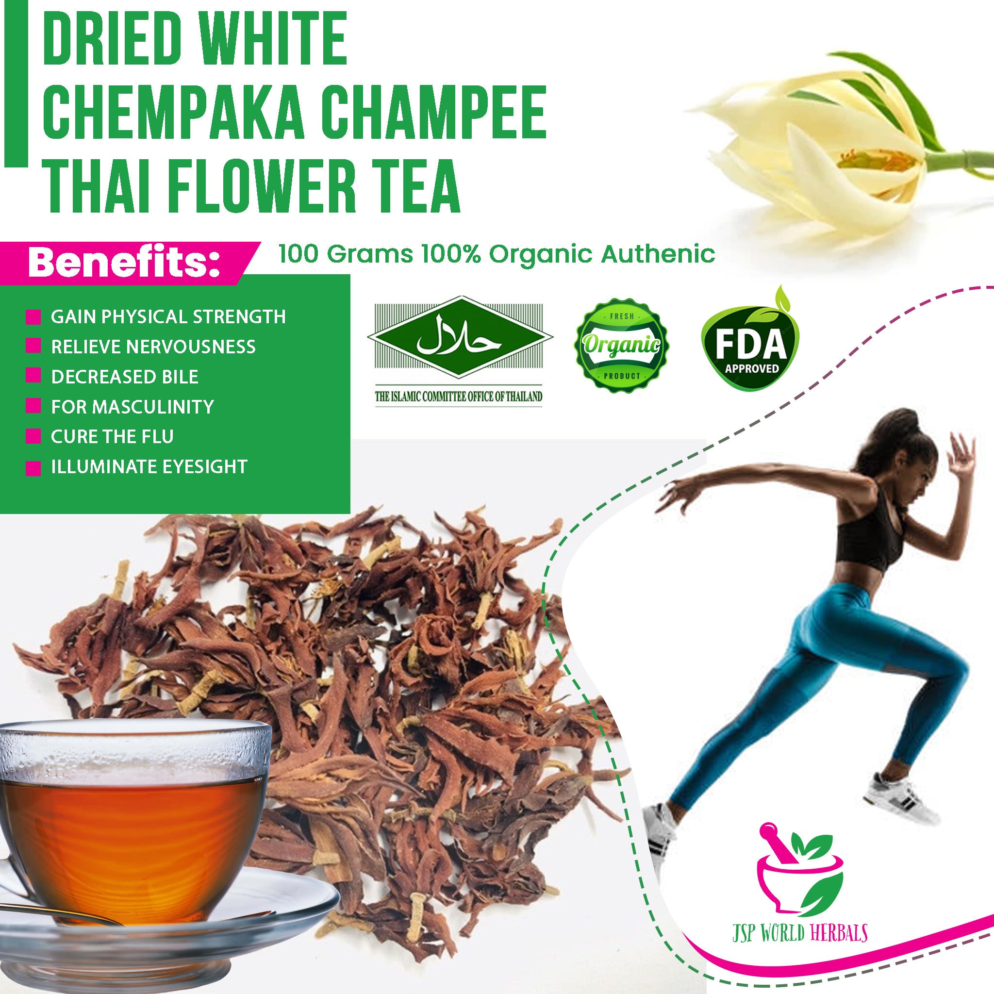 Dried White Chempaka Champee Thai Flower Tea 100 Grams 100% Organic Authenic