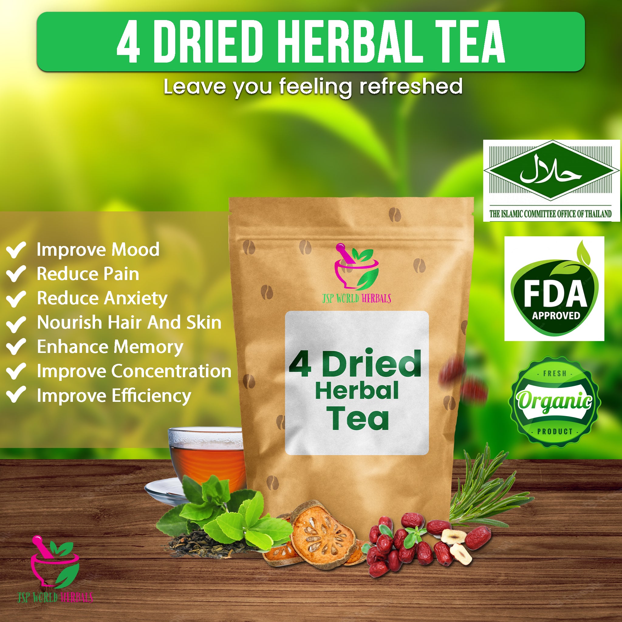 Dried Anti-Hypertensive 4 Dried Herbal Tea, Indian bael, Ziziphus jujuba, Caesalpinia sappan L., Roselle